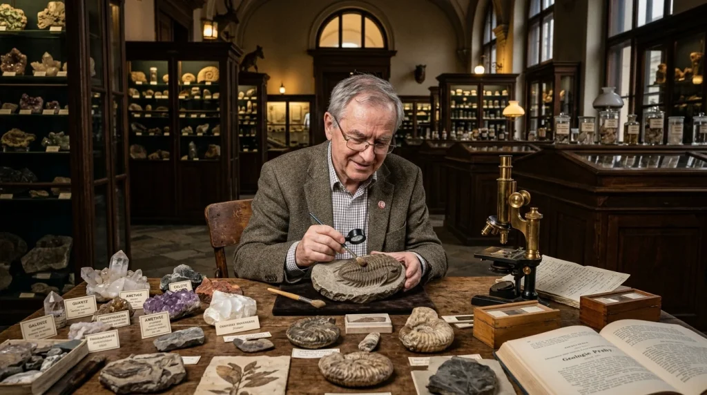 Profesor přírodních věd zkoumající geologické krystaly a fosilie v univerzitním muzeu v Praze