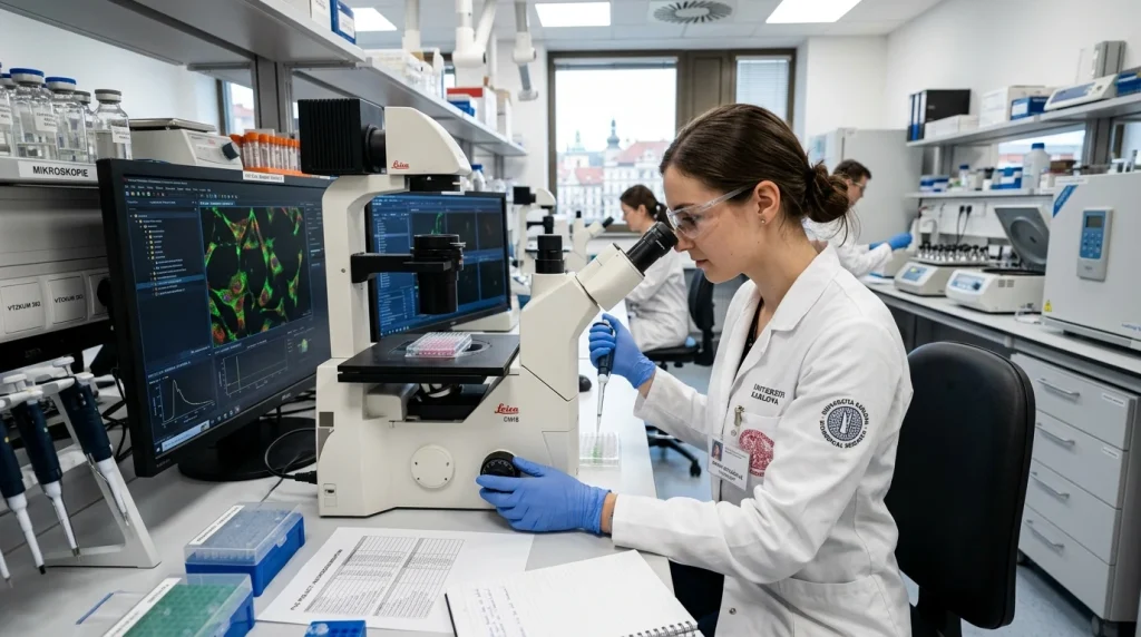 Vědecká pracovnice a doktorandka s titulem Ph.D. analyzující vzorky pod mikroskopem v univerzitní laboratoři