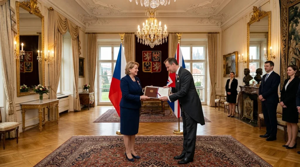 Diplomat předávající oficiální pověřovací listiny velvyslanci v reprezentačním sále rezidence v Praze