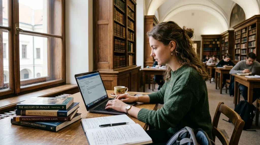 Studentka vysoké školy píšící akademický e-mail profesorovi na notebooku ve studovně univerzitní knihovny