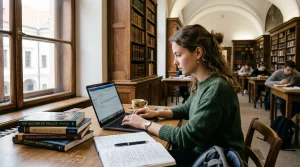 Studium na českých univerzitách | Vše co potřebujete vědět na StudujVejšku.cz 4 Studentka vysoké školy píšící akademický e-mail profesorovi na notebooku ve studovně univerzitní knihovny