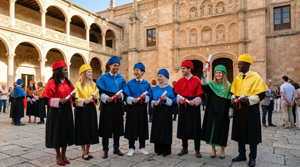 Absolventi mezinárodních univerzit v akademických talárech s diplomy na historickém nádvoří univerzity