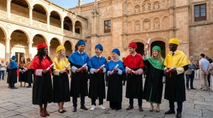 Absolventi mezinárodních univerzit v akademických talárech s diplomy na historickém nádvoří univerzity