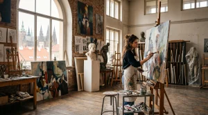 Absolvent umělecké akademie s titulem Mgr. art. pracující ve světlém ateliéru se sochami a obrazy
