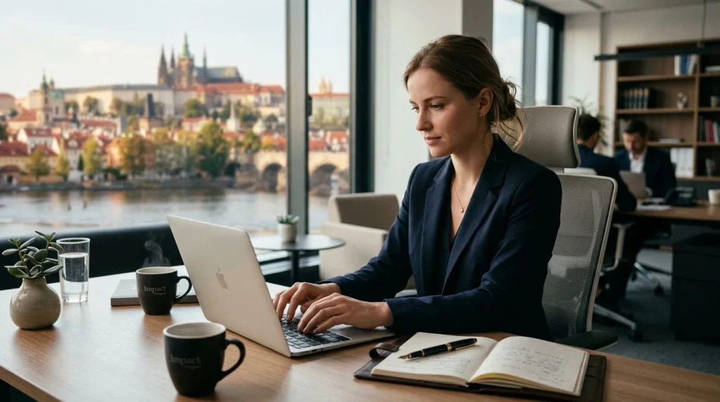 Mladá profesionálka píšící formální e-mail na notebooku v moderní kanceláři s výhledem na Prahu