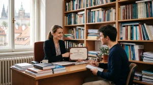 Vysokoškolský student při konzultaci s absolventem doktorského studia a držitelem titulu Ph.D. v pracovně