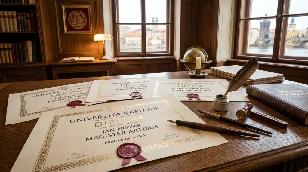 Historické a moderní univerzitní diplomy s pečetí a kaligrafickými pery na stole univerzitní matriky