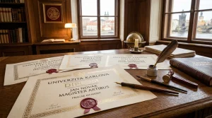 Historické a moderní univerzitní diplomy s pečetí a kaligrafickými pery na stole univerzitní matriky