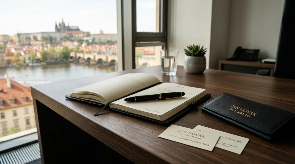 Pracovní stůl manažera s vizitkami a doklady s tituly za jménem Ph.D., MBA a DiS.
