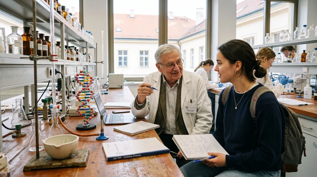 Konzultace vysokoškolského studenta s profesorem a doktorem přírodních věd RNDr. v laboratoři