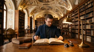Vysokoškolský badatel a student teologie v historické univerzitní knihovně s rukopisy