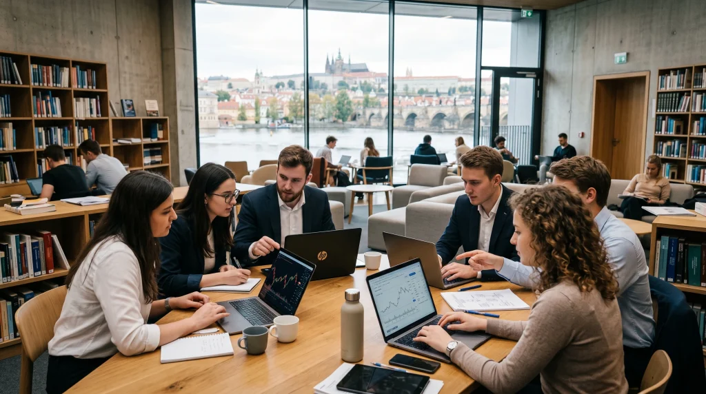 Skupina studentů a absolventů mezinárodního business studia BBS při analýze finančních grafů v univerzitním salónku