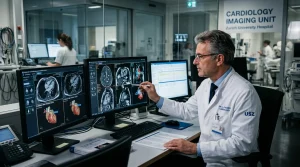 Lékař kardiolog hodnotící kardiovaskulární snímky v nemocnici