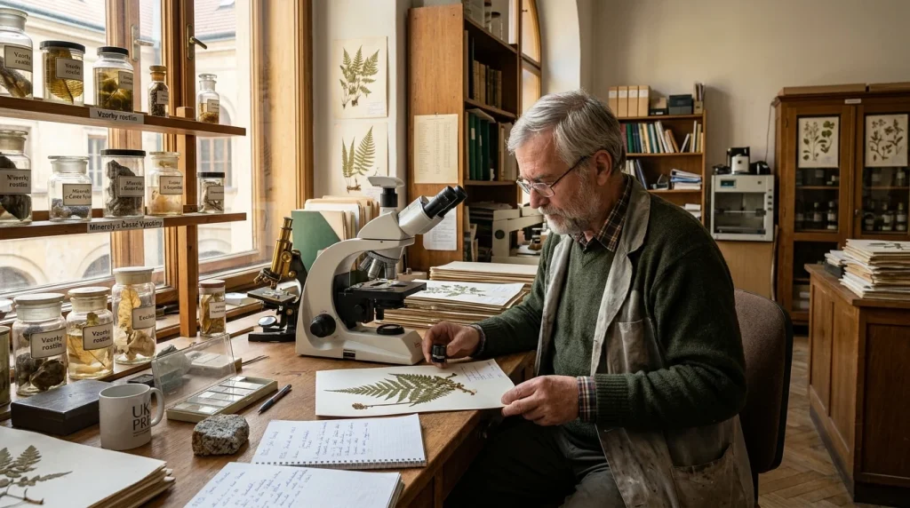 Přírodovědec a doktor přírodních věd RNDr. zkoumající botanické a geologické vzorky v univerzitní laboratoři
