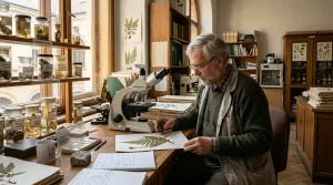 Přírodovědec a doktor přírodních věd RNDr. zkoumající botanické a geologické vzorky v univerzitní laboratoři