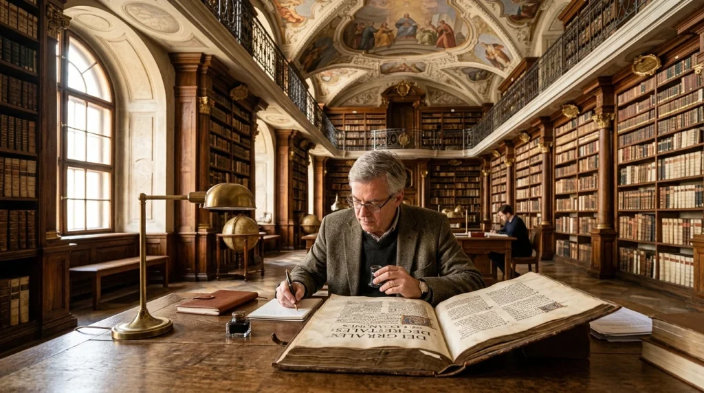 Akademický badatel a teolog studující latinské rukopisy a kánonické právo v historické univerzitní knihovně