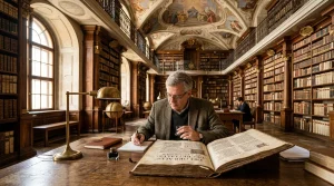 Akademický badatel a teolog studující latinské rukopisy a kánonické právo v historické univerzitní knihovně