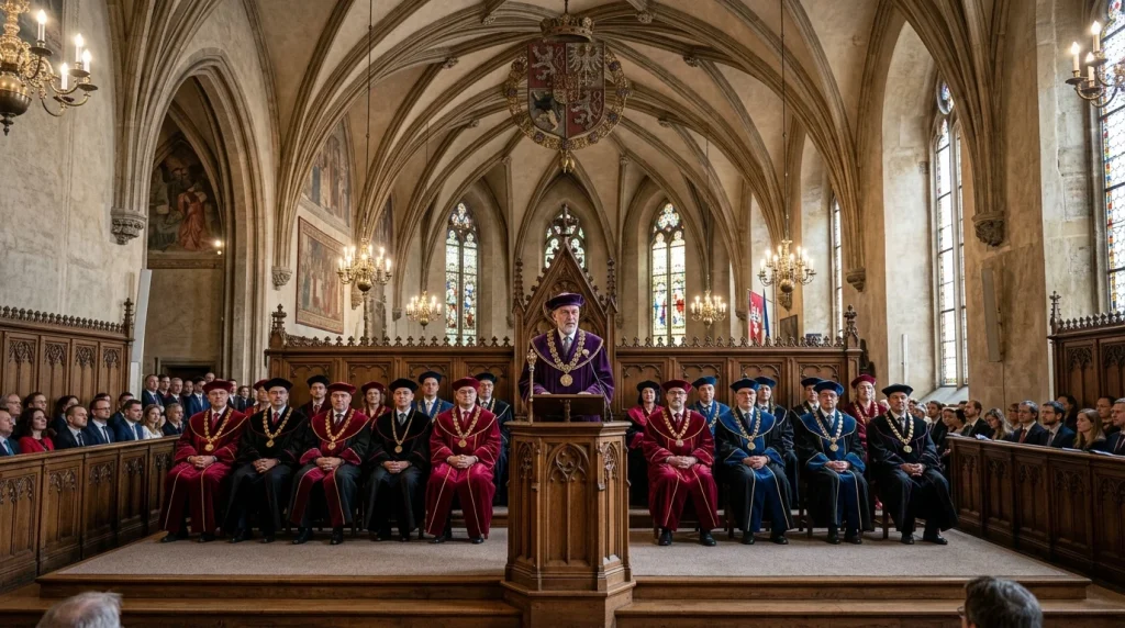 Rektor univerzity a akademický senát ve slavnostních talárech při oficiálním shromáždění v historické aule