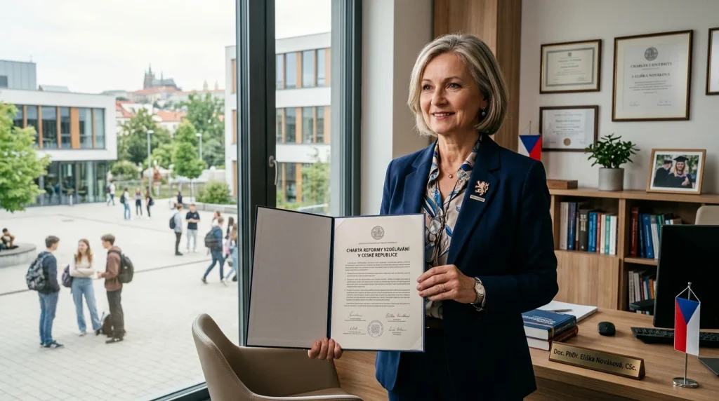 Ředitelka gymnázia a doktorka pedagogiky PaedDr. s chartou vzdělávacích reforem ve své pracovně